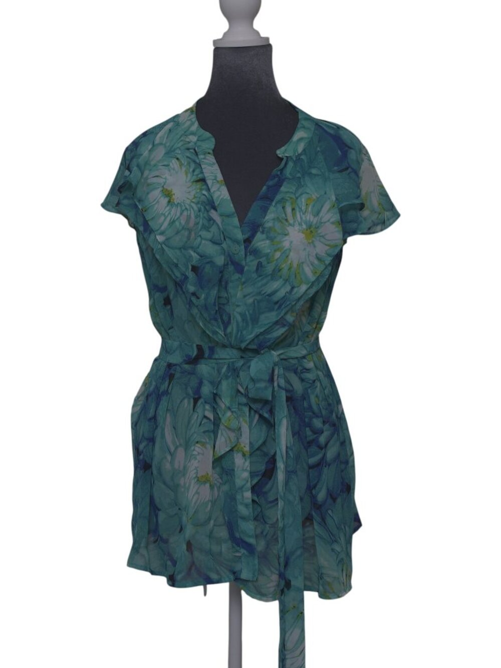 Worthington Sheer Floral Ruffle Belted Blouse 1X Flowy Feminine Matching Belt